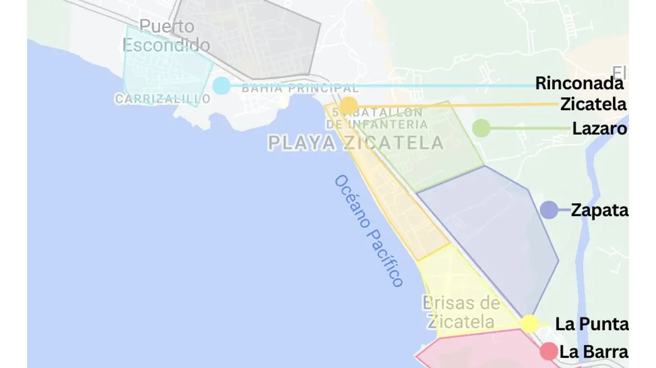 Mapa a color de las zonas de Puerto Escondido: Zicatela, La Punta, La Rinconada, La Barra, Centro, Lázaro Cárdenas y Zapata